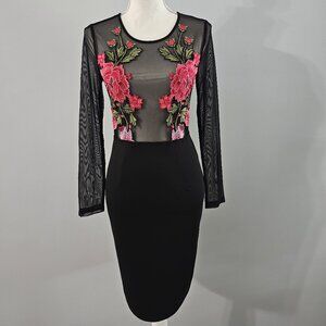 PAPAYA black DRESS l/s SHEER embroidery FLOWERS spandex